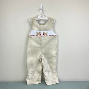 Classic Whimsy Smocked Tan Plaid Puppy Dog Longall Overalls 2T
